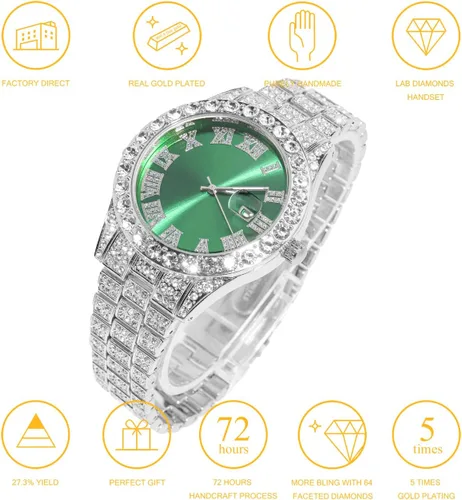 Vista 3 de Halukakah Reloj de diamantes para hombre, Presidente, chapado en oro real de 18 quilates, chapado en oro blanco platino y diamantes helados, 1.654