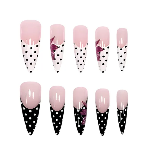 Vista 3 de Uñas postizas largas a presión, color negro, diseño francés y floral, 24