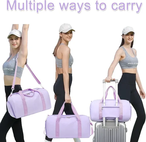 Vista 2 de Bolsa de viaje deportiva para gimnasio para hombres y mujeres con compartimento para zapatos, bolsillo húmedo, Púrpura (pure purple), Bolsa de lona
