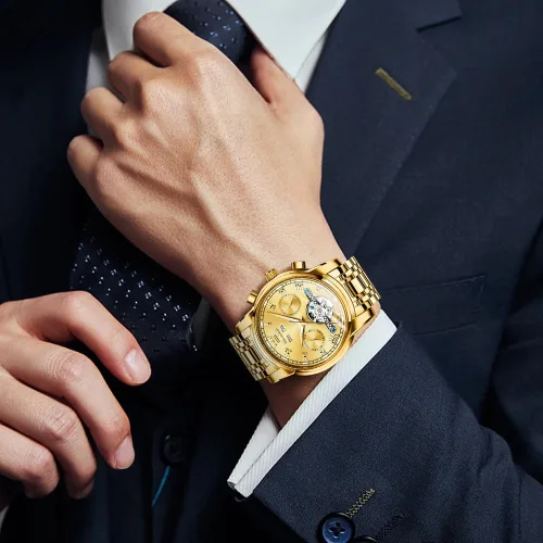 Vista 5 de OLEVS Relojes de cuerda automática para hombre, reloj mecánico automático Tourbillon de acero inoxidable con doble calendario, impermeable, luminoso