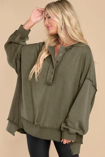 Vista 3 de AlvaQ Sudadera de gran tamaño para mujer, casual, manga larga, con botones, cuello Henley, sin botones, túnica