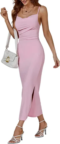 Vista 3 de LYANER Vestido midi de fiesta con tirantes delgados y abertura dividida sin mangas, cuello en V y cremallera