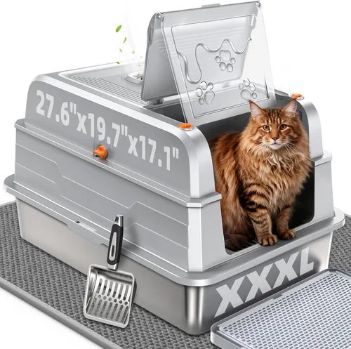 Vista 11 de CATLIKE XXXL - Caja de arena de acero inoxidable para gatos, 3 capas de orina a prueba de fugas, diseño cerrado con filtro de carbón para Maine Coon