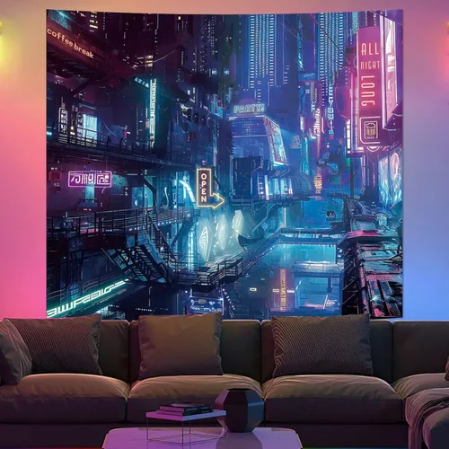 Vista 7 de Tapiz de Pared de Ciudad Anime Punk para Dormitorio, Tapices Japoneses Futuristas de Calle Nocturna de Neón Ciberpunk Estéticos, Fondo