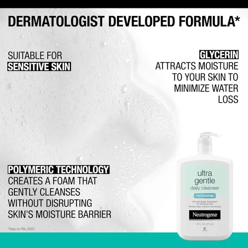 Vista 4 de Neutrogena Limpiador facial espumoso diario ultra suave, 16 onzas líquidas, hidratante facial diario, 3.4 onzas líquidas, cuidado de la piel