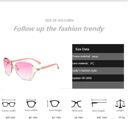 Vista 7 de VOLCHIEN Gafas de sol sin montura para mujer, montura brillante, lentes redondas, montura de metal, gafas de sol para mujeres y hombres VC1012