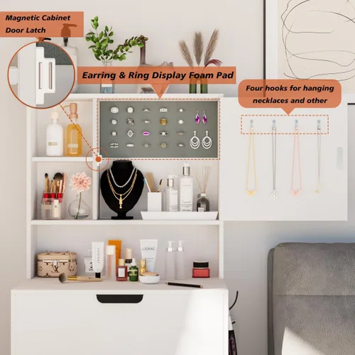 Vista 4 de Tocador pequeño con silla, espejo y luces, juego de mesa de maquillaje compacto para espacios pequeños, taburete de almacenamiento móvil
