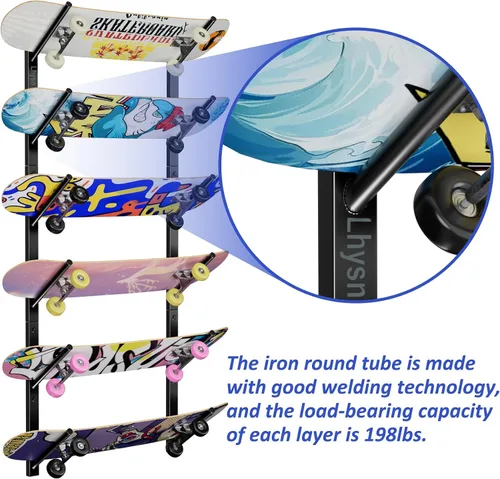 Vista 2 de Skateboard Wall Mount, Skate Board Wall Display Hanger Rack, Snowboard Wall Mount Ski Holder,Deck Wall Longboard Rack Storage(6-Layers)
