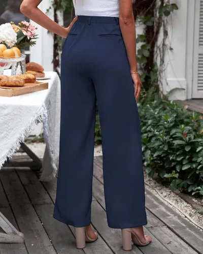 Vista 4 de GRAPENT Pantalones de pierna ancha para mujer, para trabajo, negocios, casual, de cintura alta, pantalones de vestir fluidos para la oficina