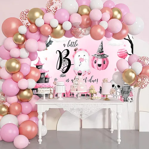 Vista 4 de Avezano A Little Boo is Almost Due - Telón de fondo para niña, 8 x 6 pies, color rosa, decoración de baby shower, fantasma, boo, fondo de fiesta