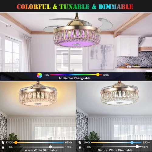 Vista 6 de Ventilador de techo de cristal moderno de 42 pulgadas con control remoto retráctil inteligente Bluetooth dorado con 7 luces RGB regulables