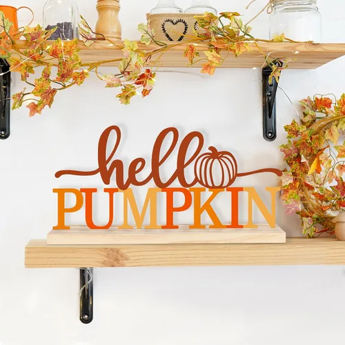 Vista 4 de COCHIE Letrero de Metal Hello Pumpkin, Decoraciones de Otoño Naranjas para Casa, Oficina, Estante, Repisa de Chimenea, Interior, Decoración