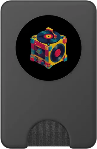 Vista 2 de Dados de vinilo coloridos con diseño retro de tocadiscos PopSockets PopWallet para MagSafe