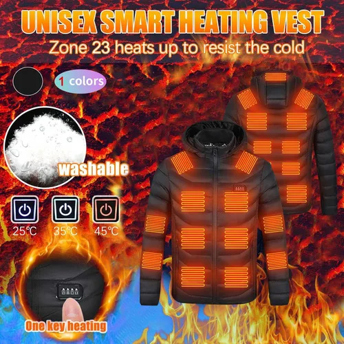 Vista 2 de Chaleco térmico unisex acolchado acolchado con capucha recargable USB para invierno cálido abrigo bolsillo