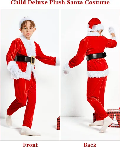 Vista 5 de SOMSOC Juego de 8 piezas de disfraz de Papá Noel para niños, disfraz de felpa de lujo, traje de Papá Noel para niños, fiesta de cosplay