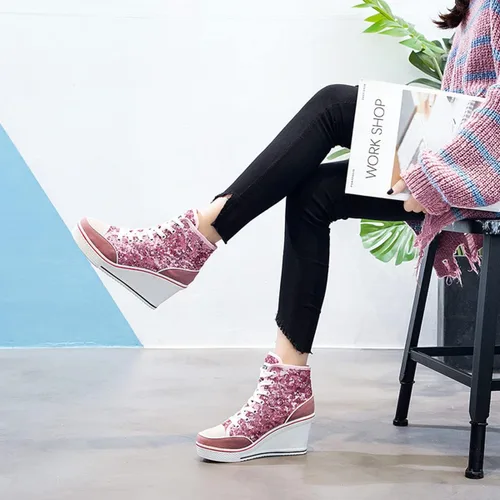 Vista 6 de ALLINNINE Zapatos deportivos de tacón alto para mujer, zapatos de lona de moda de tubo alto, con cordones, borde de cuña, cremallera, ángulo