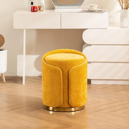 Vista 8 de Taburete Giratorio de Tocador con Base Dorada Cómoda Silla de Tocador Taburete Redondo Moderno para Tocador de Maquillaje Otomana de Tocador Beige