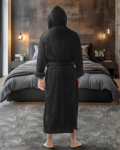 Vista 3 de Alexander Del Rossa . Albornoz de forro polar con capucha para hombre Negro