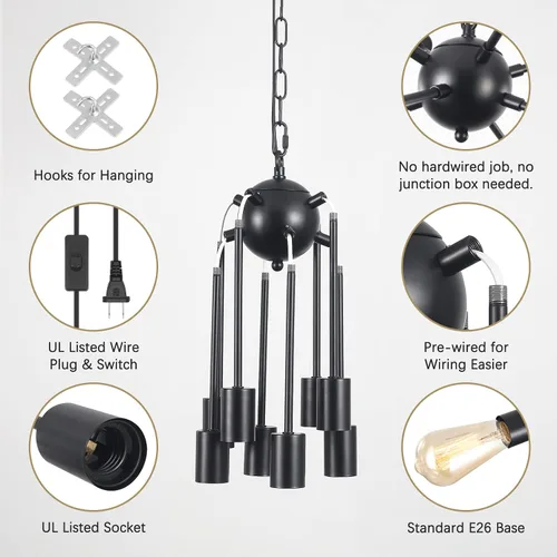 Vista 3 de Candelabro con enchufe de 8 luces negras con cable de luz de encendido/apagado, luces de techo enchufables, cable de 16.4 pies, altura ajustable