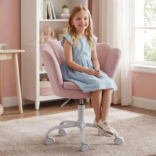 Vista 22 de Silla de escritorio de terciopelo para niños, bonita silla de computadora moderna tapizada, con brazo giratorio, silla de tocador ajustable