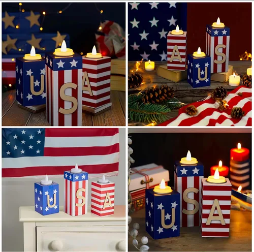 Vista 6 de Decoraciones del 4 de Julio, 3 PCS Portavelas de Madera Patrióticos con Velas de Té, Centros de Mesa Rústicos de Granja para el Hogar, Bandeja
