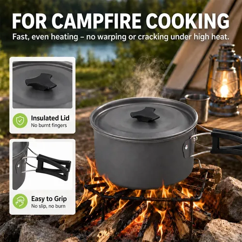 Vista 4 de aiGear Camping Cookware with Pot Pan Kettle Cutlery Tableware (1-2 People) Lightweight aluminum alloy, folding handles, nesting design, portable