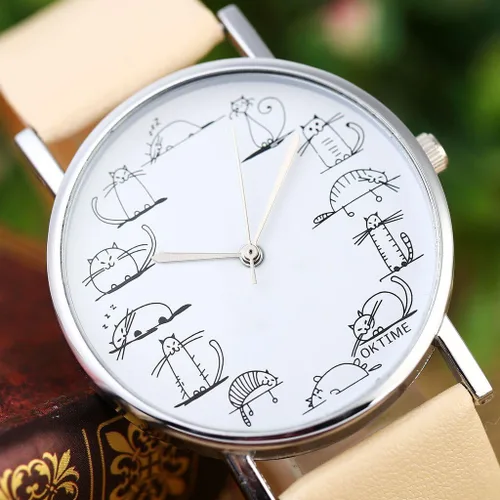 Vista 3 de Top Plaza Fashion - Reloj analógico de cuarzo para mujer, chapado en platino y mini gato, correa de piel sintética, tono dorado - verde menta