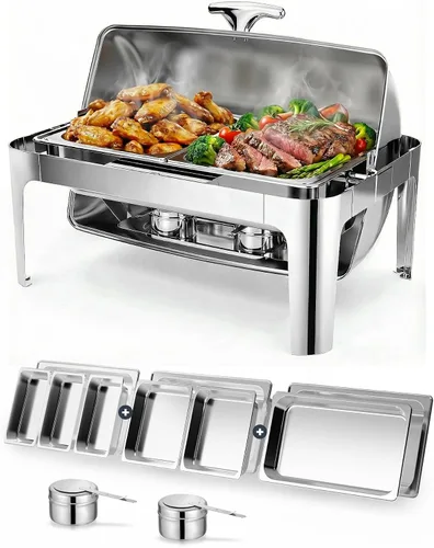 Vista 9 de Platos de roce con parte superior enrollable de 13QT para buffet: Calentador de alimentos para catering para fiestas, cumpleaños, bodas, Navidad, 1