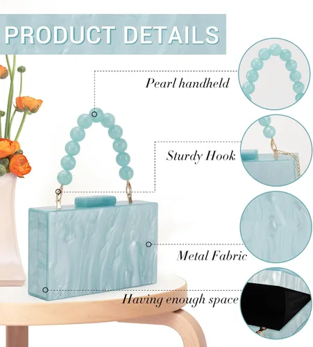 Vista 4 de Fecialy Bolso de mano de acrílico para mujer, bolso de noche con cuentas, bolso de mano de mármol, bolso formal para fiesta, novia, boda, bolso