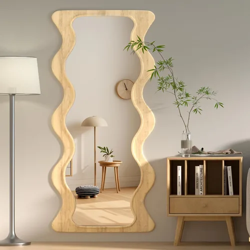 Vista 2 de Espejo ondulado de cuerpo completo de 65 x 24 pulgadas, espejo de pared irregular con marco de madera, para colgar o apoyar contra la pared