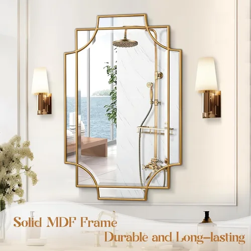 Vista 2 de Espejo de baño dorado para pared, espejo rectangular de tocador de 24 x 36 pulgadas, espejo decorativo moderno biselado pulido para entrada, sala