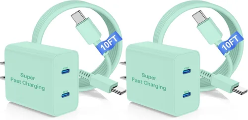 Vista 9 de Cargador súper rápido de 45 W de doble puerto con cable largo USB C a C de 10 pies, bloque de cargador de pared tipo C y cable de carga de teléfono