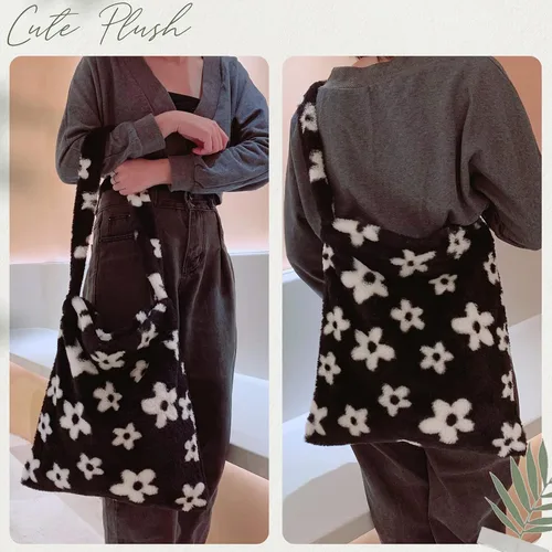 Vista 9 de Bolso de mano peludo y esponjoso, bolso grande y mullido, lindo bolso de felpa con cremallera para mujeres y niñas, bolso de hombro de piel