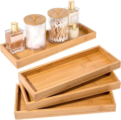 Vista 9 de Chengu 3 bandejas de bambú para baño, bandeja pequeña de madera para servir para baño, mostrador de alimentos, aperitivos, té, postre, cocina
