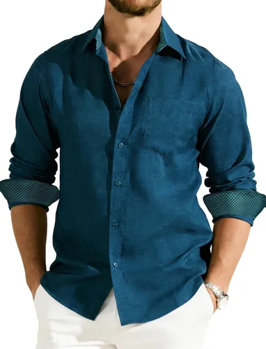 Vista 8 de Camisas de lino para hombre, casual, de manga larga, con botones, ajuste regular, cuello en contraste, con bolsillo