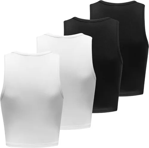 Vista 3 de Formeet17 4 piezas de camiseta corta básica sin mangas para mujer, cuello redondo