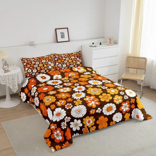 Vista 2 de Feelyou Juego de edredón Groovy de los años 60 y 70 para niños, edredón retro de flores hippie para niños y adolescentes, juego de ropa de cama