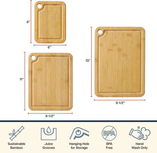 Vista 6 de Totally Bamboo Juego de 3 tablas de cortar para cocina con ranura para jugos, juego de 3 tablas de cortar de madera de bambú en tamaños pequeños