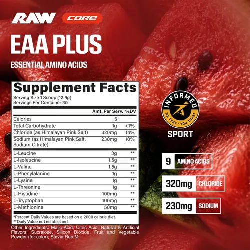 Vista 2 de RAW EAA Plus, aminoácidos en polvo, sandía - Suplemento de aminoácidos BCAA para hombres y mujeres