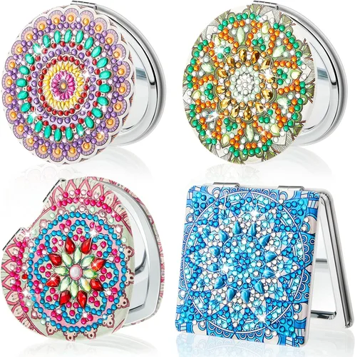 Vista 7 de Marsui 4 piezas de espejo compacto de pintura de diamante, bolsillo de pintura portátil, plegable, para mujeres, arte de diamante, regalos de mamá