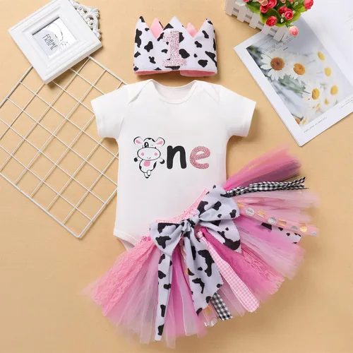 Vista 2 de AWIBMK Conjunto de ropa de 3 piezas para bebé niña de primer cumpleaños con falda tutú, diadema para el primer cumpleaños