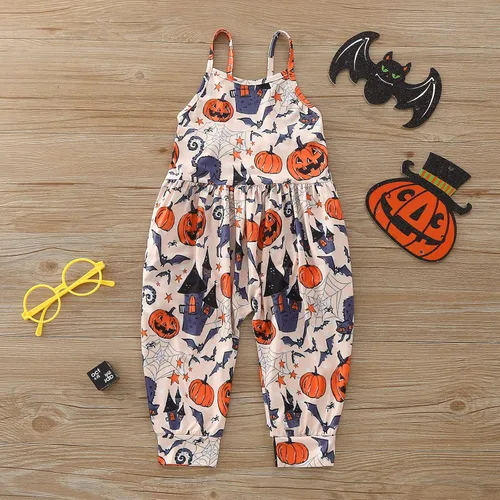 Vista 4 de Mameluco de verano para niñas pequeñas, con tirantes florales, pantalones de harén sueltos, pantalones de harén con bolsillos, marrón (Brown A), 3-4T