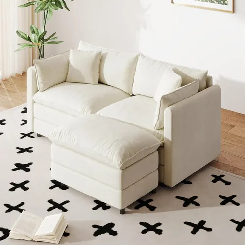Vista 52 de Setawix Sofá Profundo de 3 Plazas con Otomana, Sofás de Nube en Forma de L de 112.2" para Sala de Estar, Sofá de Nube de Chenilla con Asiento Café