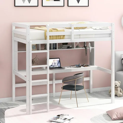 Vista 8 de SOFTSEA Twin Size Loft Bed with LED Lights & Storage Shelves, Antique White