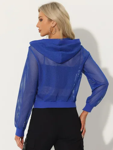 Vista 3 de Allegra K Chaqueta con capucha para mujer 2023 con cremallera y manga larga de malla transparente