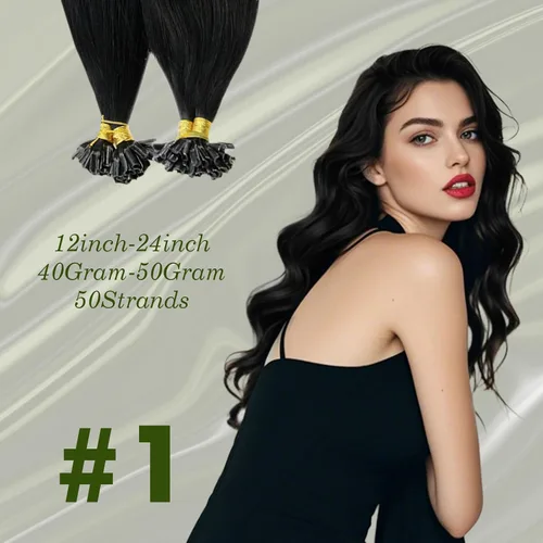 Vista 3 de RUNATURE Extensiones de cabello humano con punta en U, extensiones de cabello humano negro azabache, extensiones de cabello humano con punta