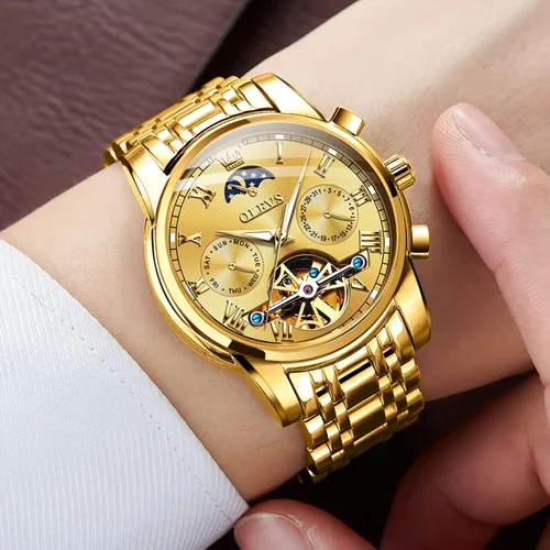 Vista 3 de OLEVS Reloj automático de lujo sin batería reloj de pulsera mecánico impermeable de acero inoxidable Tourbillon esqueleto de pulsera ajustable