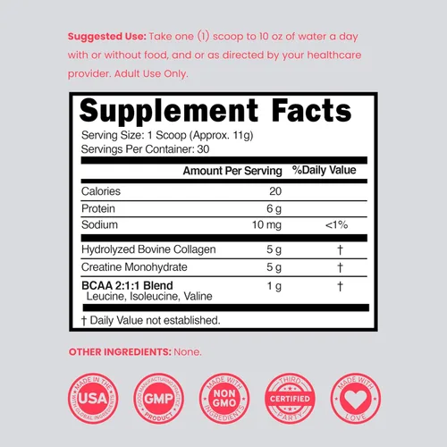 Vista 6 de Creatina para Mujeres Polvo de Monohidrato de Creatina 5G + 5000mg de Colágeno + 1000mg de BCAA 2:1:1 en Polvo (30 Porciones) Apoyo para Glúteos