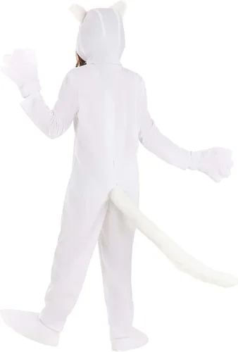 Vista 2 de Disfraz de gato blanco para niños overol con cola, tocado, fundas para zapatos y guantes