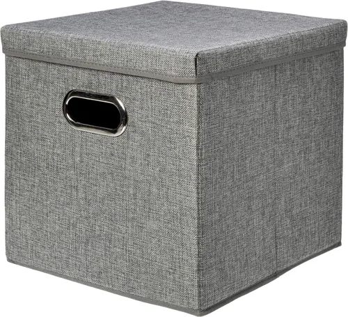 Vista 2 de Amazon Basics Cubo de almacenamiento plegable de tela de arpillera con tapa, apilable y resistente, gris, juego de 2
